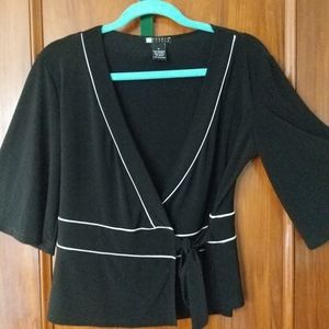 Black wrap top with white accents